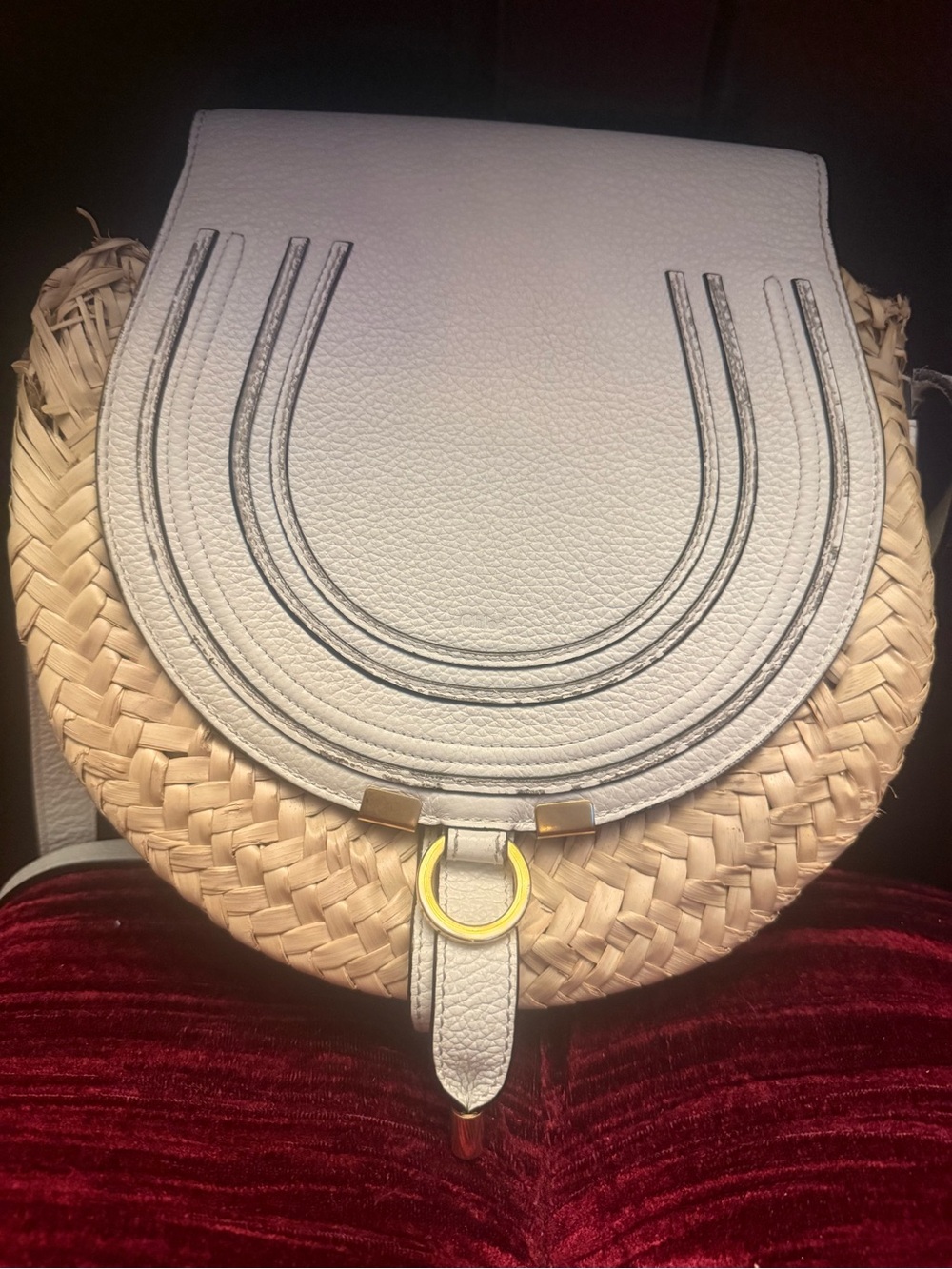 Chloe, beautiful White leather, and Straw Saddle Crossbody Bag with Gold Accent